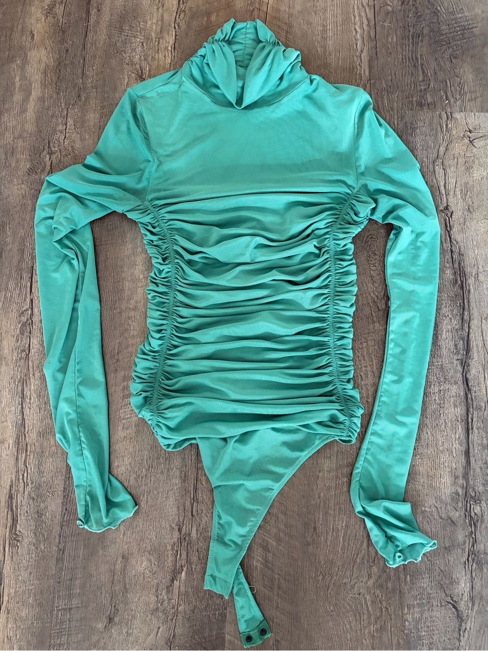 Free People Teal Ruched Long Sleeve Mock Neck Bodysuit